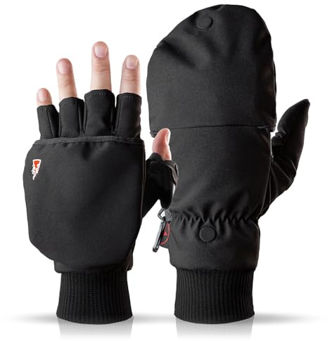 Heat 2 Fingerlose Handschuhe und Fäustlinge Kombination, warme Winterhandschuhe gegen den Wind und Kälte im Winter – Sporthandschuhe, Fahrradhandschuhe Damen, Herren, schwarz, Medium