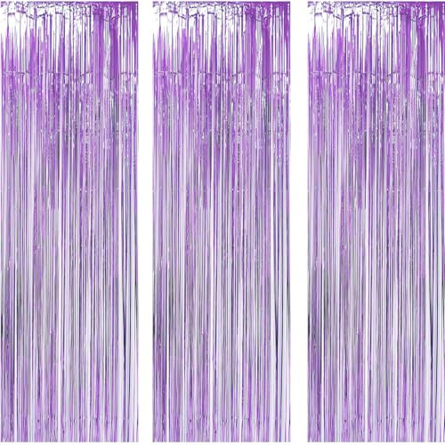 AILEXI Juego de 3 Cortinas metálicas con Flecos de Hojas Brillantes para decoración de Puertas y Ventanas, decoración para cumpleaños, Accesorios de Boda, 92 x 245 cm, Color Morado