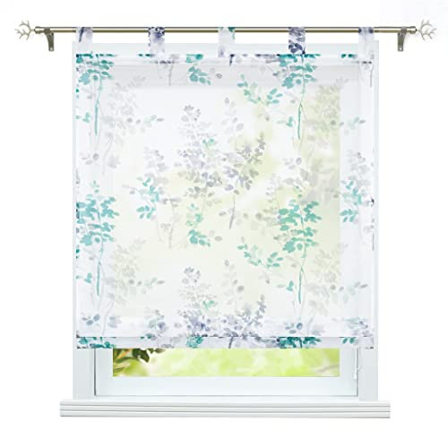 ESLIR Raffrollo mit Schlaufen Gardinen Küche Raffgardinen Transparent Schlaufenrollo Vorhänge Blätter-Motiven Modern Voile Grün BxH 100x140cm 1 Stück