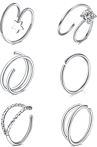 LAURITAMI 6stk Doppelter Hoop Nasenring für Einzelnes Piercing Spirale 20G Dünn Snug Ohrringe Hoop 8mm Piercing Schmuck CZ Stern