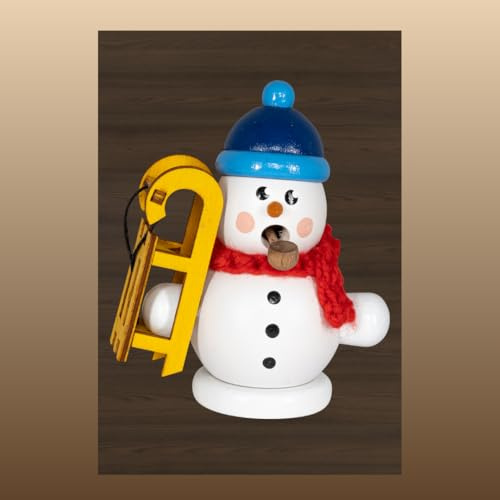 Räuchermann Schneemann weiß mit Schlitten original Erzgebirge I Räucherfigur aus Holz I Höhe 8 cm I Weihnachtsdeko I schöne Geschenkidee I Dekoration innen I Weihnachten I Räuchermännchen
