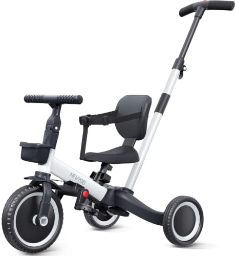 newyoo Toddler Bike, 4 in 1 Tricycles for 1,2,3 Year Olds, Balance Bike, Birthday Gift and Toy for Boys and Girls, Kids Tricycle with Parent Steering Push Handle, Removable Pedals, White, TR007