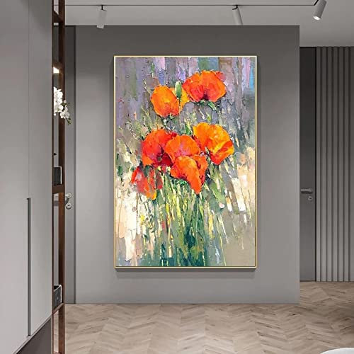 KADING Abstrakte Wandkunst auf Leinwand, gerahmt – rote Blume, dickes Ölgemälde, moderne Wandkunst, groß, Heimdekoration, Bild auf Leinwand, 70 x 100 cm (28 x 39 Zoll) mit Rahmen