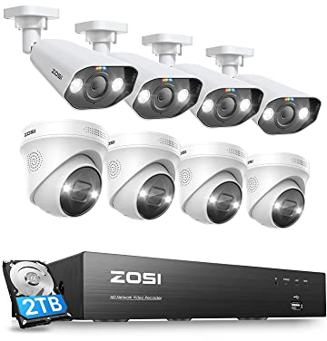 ZOSI 4K Kit de Cámara de Seguridad PoE 8CH 8MP H.265+ Grabador NVR con 8pcs Cámaras de Vigilancia Exterior, Visión Nocturna en Color, Alarma de Luz y Sirena, Audio, 2TB HDD Incluido