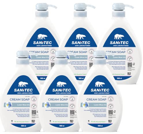 SANITEC igiene sicura Luxor Blue Iris, Crema di Sapone Profumata Idratante con Glicerina e Antibatterico, Deterge le Mani, pH 5.5, Dermatologicamente Testato, Made in Italy, 6 Flaconi da 1L 6000ml