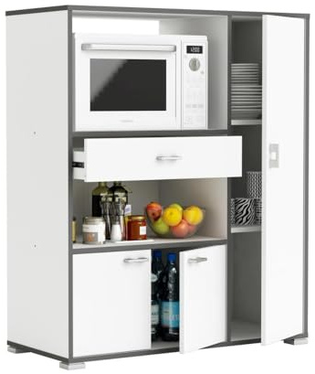 Befara Armadio Cucina AUSILIARIO BELHO, Bianco, Armadio ausiliario da Cucina. Spazio per microonde. 3 Porte, cassetto e scaffali. Mobile dispensa - Credenza.