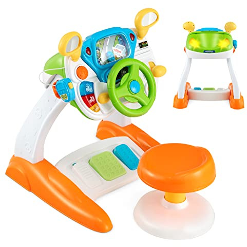 COSTWAY Simulador de Conducción para Niños, Juguete de Simulación de Conducción para Niños, Juguete con Volante Interactivo con Taburete, Luz, Música, Bocina, Megáfono, Escena Cíclica Giratoria