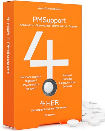 4 HER PMSupport - PMS Supplements for Women - 60 Vegan Tablets - for Premenstrual Support and Hormone Balance for Women - with Digestive Enzymes, Sage Extract, Amla Berry Extract, Saffron Extract