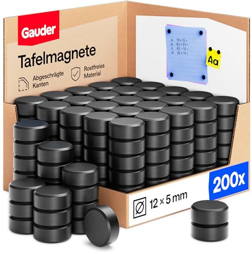 GAUDER Magnete für Magnettafel - Starke Tafelmagnete für Whiteboard, Pinnwand, Kühlschrank & Büro - Runde, Schwarze Kühlschrankmagnete mit hoher Haftkraft (200 Stück - 12 x 5 mm)