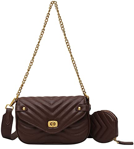 ANNI RIEL Gesteppte kleine Umhängetasche für Damen mit Münzgeldbörse stilvolle Kette Umhängetasche Leder Clutch Abendtasche, braun, small