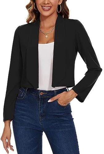 MINTLIMIT Womens Cropped Blazer Open Front Suit Jacket Long Sleeve Blazers Casual Cardigan Shawl lapel Outerwear (Black M)