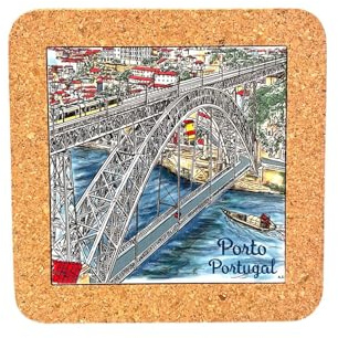 Carreaux en céramique portugais ethniques Azulejo - Dessous de plat en liège - Souvenir et cadeau parfait du Portugal (20 cm - 7,8 pouces) (Pont Luis)