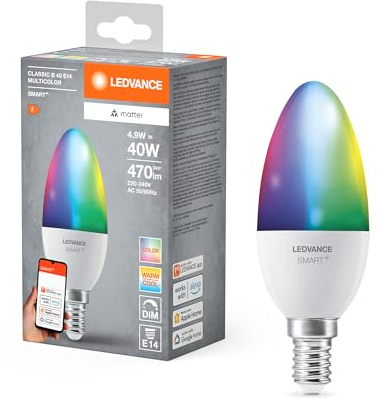 LEDVANCE SMART+ MATTER LED-Lampe, kompatibel mit Google, Alexa, Apple, weiße Frost-Optik, 4,9W, 470lm, E14, Farblicht & Weißlicht, App- oder Sprachsteuerung, bis zu 20.000 Std. Lebensdauer,single pack