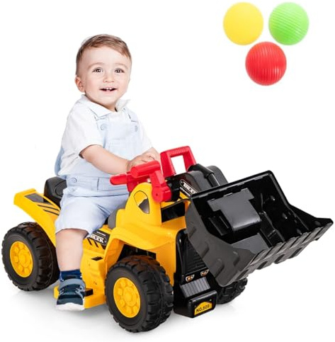 DREAMADE Bagger zum draufsitzen, Elektro Sitzbagger mit Internem Stauraum, Kinderbagger mit Basketballkorb & Sound-Tasten & 3 Bällen, Sandbagger Aufsitzbagger für Kinder ab 2 Jahren