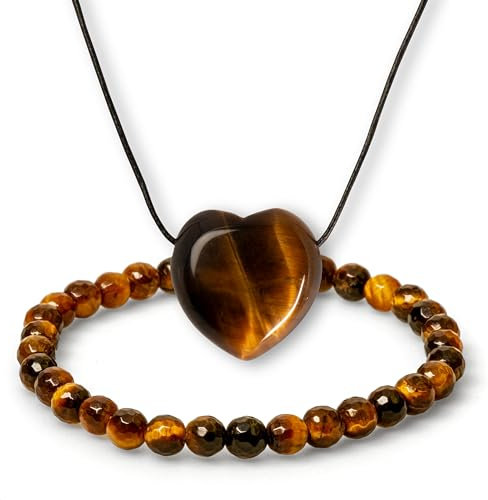 iBenow 2er SET Tigerauge Armband und Kette Herz