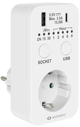 Sonero Enchufe temporizador, interruptor de cuenta regresiva, 230 V, conexión USB y USB-C, programable, color blanco