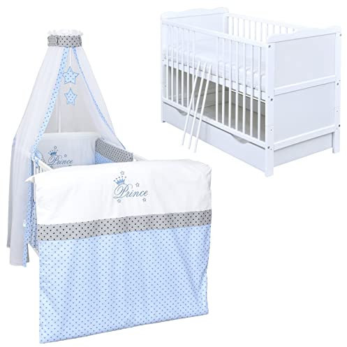 Generisch Baby Delux Babybett Komplett Set Kinderbett 60x120 cm umbaubar zum Juniorbett weiß Schublade Max Bettset Matratze (Prince Stars)