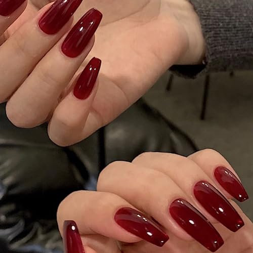 Press on Nails Kurz - Ballerina Fruchtige Rote Fake Nails Full Cover Kunstnägel mit mit Gelee-Kleber, Falsche Nägel Zum Aufkleben Acryl Künstliche Fingernägel Manicure für Frauen DIY (Red-Dark, 24x)