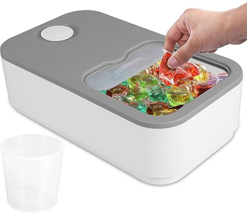 Contenedor de lavandería con tapa deslizante para 150 cápsulas de lavandería de gran capacidad con medidora de 250 ml, escala de tiempo, apto para lavavajillas, caja de almacenamiento