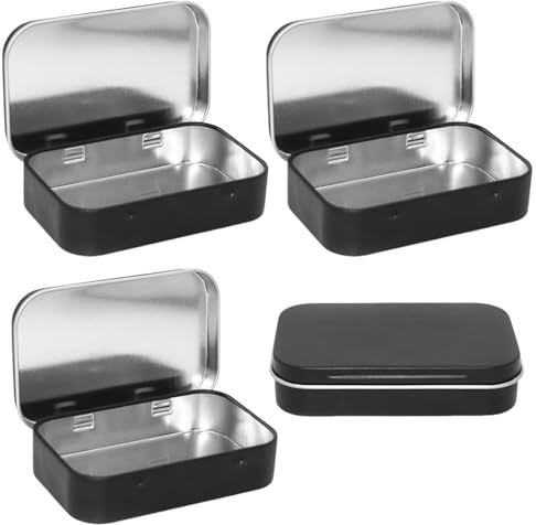 Parthan 4 Pcs Tin Containers, 9.5X6cm Tins Container, Metal Rectangular Small Tin, Rectangular Hinged Tins Box Containers Portable Mini Storage Box Home Organizer for Small Items Key Candy