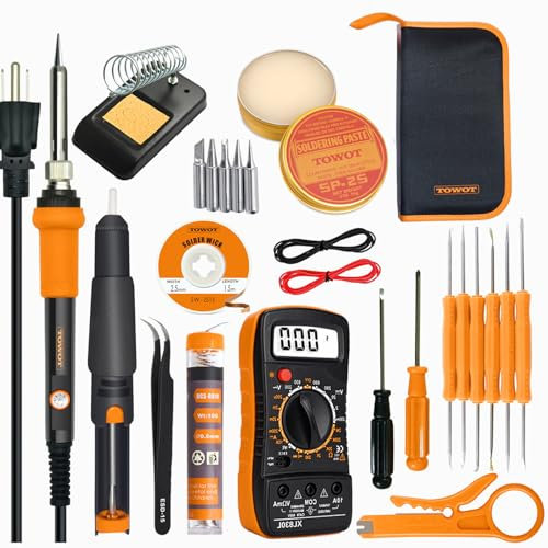 TOWOT Soldering Iron Kit, Electronic Soldering Iron 60W Adjustable Temperature, Deoldering Pump, Tin Wire, Solder Wick, Tweezers, Soldering Iron Tips Set, Soldering Iron Stand, Wire Strippers