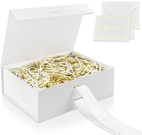 White Gift Box with Lid for Presents, 23 * 17 * 7cm Luxury Magnetic Gift Boxes with Ribbon Greeting Card Shredded Paper, Present Box for Gifts Christmas, Hanukkah, Fathers Day, Weddings, Birthdays
