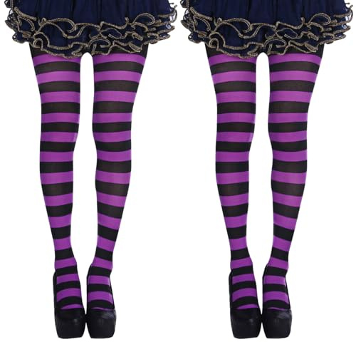 FUIPVGI 2 Pezzi Collant Opachi, Collant a Righe da Strega, Collant Colorati con Righe, Calze Fever, per Feste, Spettacoli, Balli, Halloween, Cosplay (Viola, Nero)