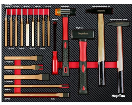 Mephisto Werkzeugeinlage Werkstattwageneinlage Hammer- Set | Werkzeug Set Pro Line mit Hammer, Hebeleisen, Kunststoffhammer, Durchschläge, Meisel in Soft Inlay in Carbonoptik
