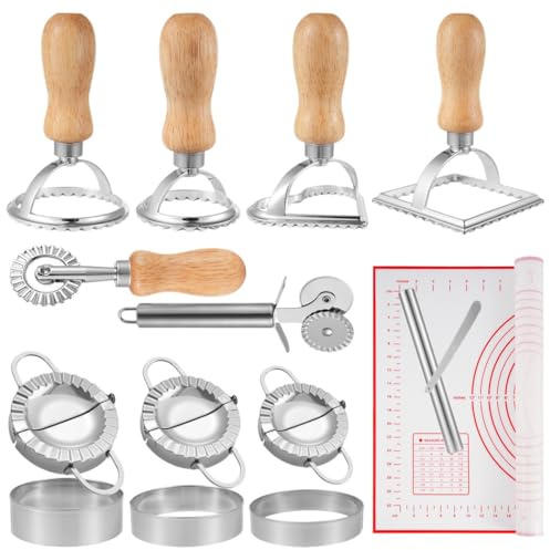 15 Piece Dumpling Maker Kit, Stainless Steel Empanada Press, Ravioli Mold, Pizza Cutter & Rolling Mat Set