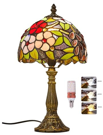 Bidesen 8“ Tiffany-Lampe, Mit Rosendekor, Mit Eu-stecker Und Schalter, Buntglasschirm, Geeignet Für Nachttisch Oder Schreibtisch (8“)