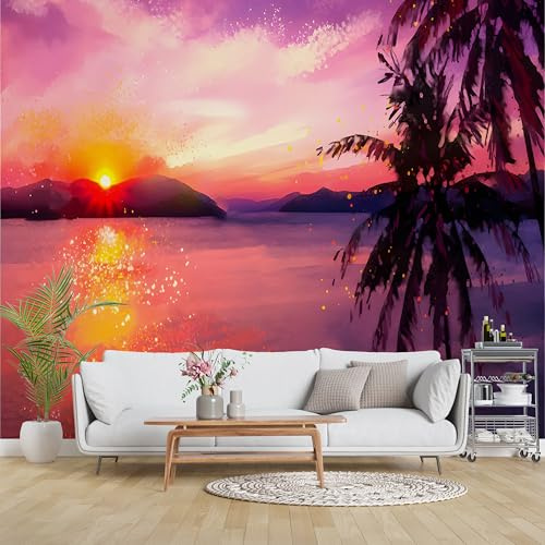 Fototapete See Sonnenuntergang 3D-Effekt Tapete, Tropische Palme Vlies-Wanddekoration Für Wohnzimmer,Schlafzimmer & Kinderzimmer Wandbild Tapete 150cmx105cm (WxH) Lila Schwarz A-43