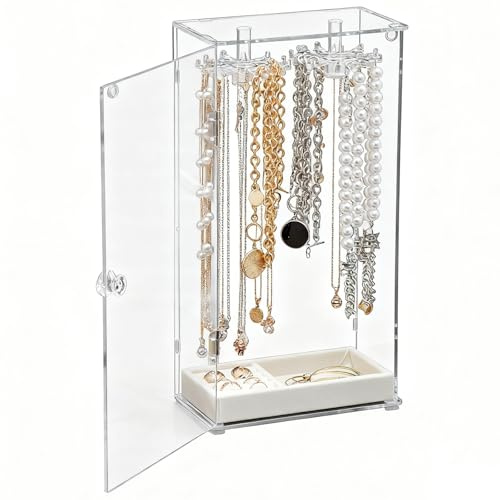 GBKDQQ Schmuckständer, Acryl Drehbarer Kettenständer und Staubdichtem Display mit 24 Haken, Schmuckaufbewahrung Ketten, Samt Tablett Aufbewahrung für Halsketten, Ringe, Ohrringe (32x8.5x15.2cm)
