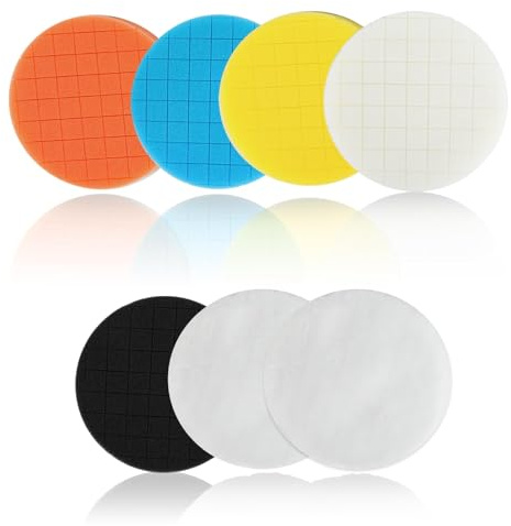 Kievano Tamponi Lucidanti 125mm – Set da 7 Pezzi con Microfibra e Spugna – Durezza Differenziata – Tampone per Lucidatrice Rotorbitale, Avvitatore e Levigatrice – Per Cere, Lucidatura e Sigillatura