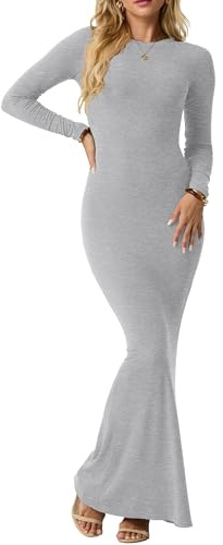 IWOLLENCE Bodyconklänning damer långärmad maxiklänning elegant figurnära ribbad klänning rund hals lång tajt klänning sexig maxiklänning, GRÅ, XL