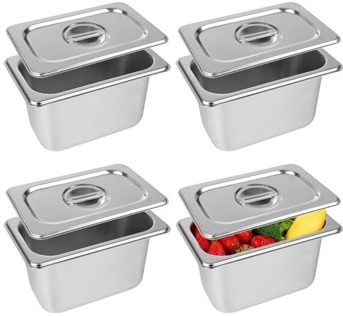 LOLYSIC 4 Stück Behälter mit Deckel 1/9 Gastro Behälter Edelstahl mit Deckel Gastronomie Behälter Edelstahlbehälter mit Deckel Gastronormbehälter Warmhaltebehälter Essen (176x108x100MM)