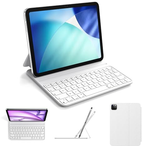 HOU Étui Clavier Compatible avec iPad Pro 11 (2018-2022) | Air 11 Pouces (M4/M3/M2, 2026/2025/2024) | Air 5e/4e Génération, Deux Angles de Soutien, Ergonomique, AZERTY, en Similicuir, Portable, Blanc