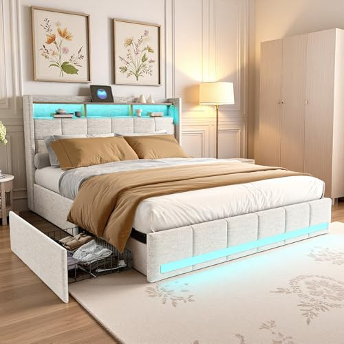 Polsterbett Bett 180x200cm mit Stauraum, Doppelbett mit 4 Schubladen, Stauraumbett mit Staufach-Kopfteil, Jugendbett mit LED und USB, Funktionsbett Bettgestell mit Lattenrost, Linen (Beige, 180x200cm)