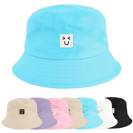 Xnova Gorra de Pescador Sombreros de Cubo Sol para Mujer Hombre Verano, Algodón Bucket Hat de Cara Sonriente Plegable Visera Gorro de Protección Solar Unisex (Ríe-Azul)