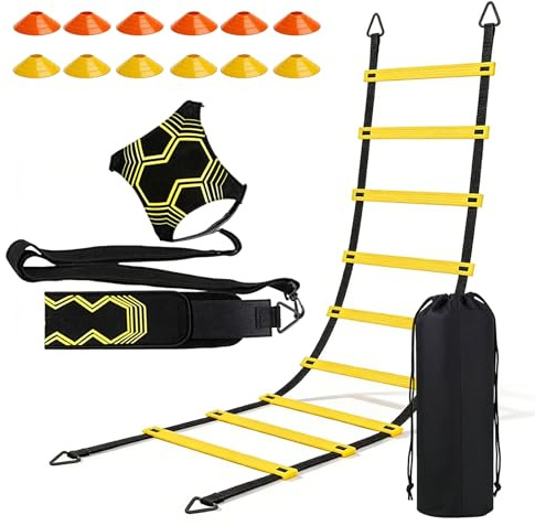 PORFOYO Equipo de entrenamiento de fútbol para fútbol, escalera de coordinación de 6 m con 12 conos para agilidad, velocidad y entrenamiento