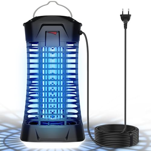 Loowoko Lampe Anti Moustique Exterieur, 3 mètres câble, Lumiere Bleue Anti Moustique avec une lumière en bas, Lampe Anti Mouche, 4200V Lumière Bleue Tue Mouche, pour la cour, le salon et la chambre