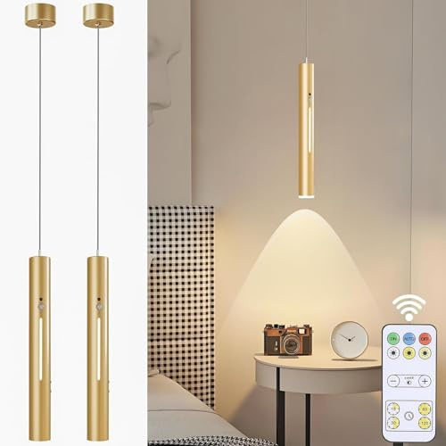 DESGNT Batteriebetriebene Hängelampe mit 6000 mAh Akku-Modern Pendelleuchte mit Fernbedienung,Dimmfunktion & Bewegungsmelder für Küche,Schlafzimmer und Wohnzimmer (Gold 2 Stück)