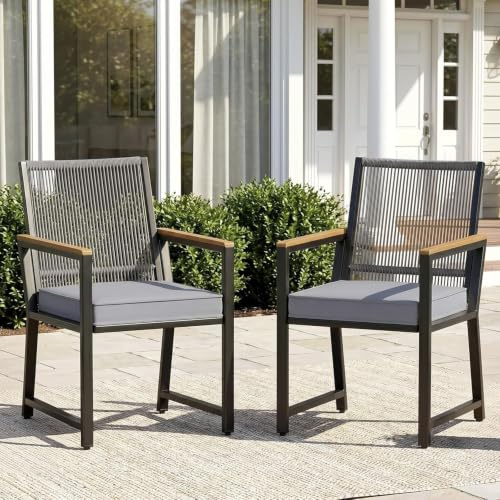 LIFERUN 2er Set Gartenstühle Rattan, Wetterfest, Balkonstuhl aus Metall | Essstühle mit WPC Armlehne, 2pcs Outdoor Stuhl mit abnehmbar Kissen, 160 kg belastbar, für Terrasse, Garten Balkon Pool, Grau