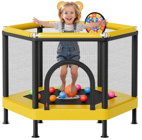 VEVOR Trampoline pour Enfants Charge 60 kg Mini-Trampoline Hexagonal, pour Tout-Petits Intérieur Extérieur Jardin, Stabilité Optimale, Rebond Sécurisé, avec Filet de Sécurité et Panier de Basket