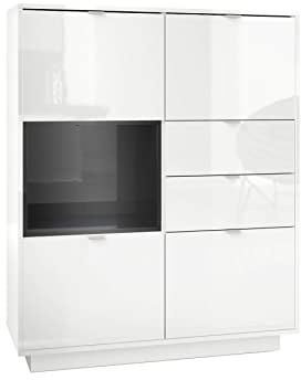 Vladon Highboard Sideboard Metro, Made in Germany, Korpus in Weiß Hochglanz/Fronten in Weiß Hochglanz mit Einsatz in Schwarz Hochglanz