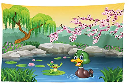 Ambesonne Cartoon Tapestry, Vector Ducks Frogs in a Lake Pond Trees Image Design Art, Fabric Wall Hanging Decor for Bedroom Living Room Dorm, 45 X 30, Multicolor