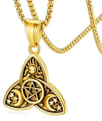 FaithHeart Edelstahlkette Damen Herren Kette Keltischer Anhänger Wicca Dreifach Mond Kette Halbmond Halskette Schmuck für Geburtstag Weihnachten