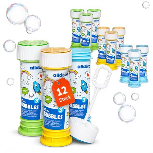 alldoro 63072 Set di 12 bolle di sapone, ogni barattolo di sapone da 55 ml con bastone da soffio e gioco del labirinto nel coperchio, per bambini da 36 mesi & adulti