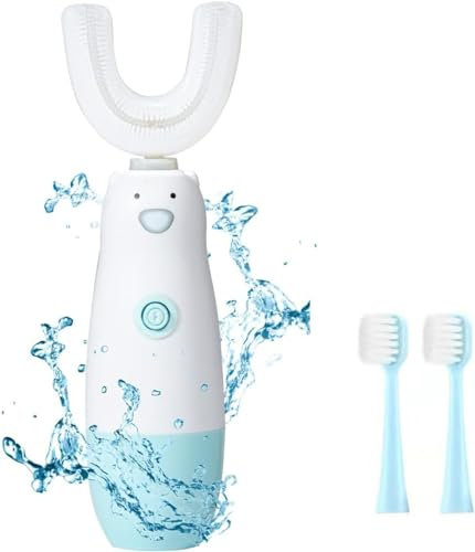 Meqtpomy Brosse à dents électrique pour enfants, brosse à dents en forme de U, étanche, alimentée par ultrasons, nettoyage à 360°, brosses à dents automatique pour tout-petits de 4 à 15 ans, cadeau