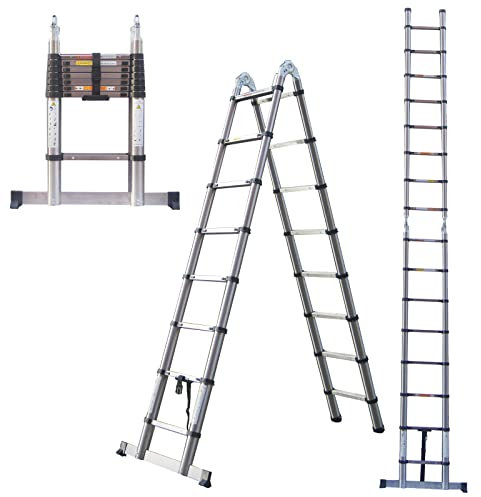 16.4Ft/5M Telescoping Extension Multi Purpose Ladder Stainless Steel A-Frame Stair Ladder Folding Extendable 8x2 Step Loft Ladder EN131 - Soft Close Anti Pinch Finger Protection, Max Capacity 150kg