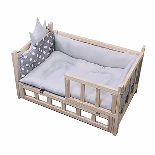 Hundebett Hundeliege Luxus Hundebett Aus Holz mit Grauer Softmatte Und Zaun, Winter-Haustierbett für Große Mittelgroße Kleine Hunde, Erhöhte Orthopädische Abnehmbare Hundehütte mit Treppe U